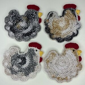 Chicken Cup Mug Coasters Set of 4 Handcrafted Crochet by Seller Cotton